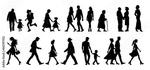 vector illustration. silhouettes of people walking along the street. Large set of characters of different ages.	