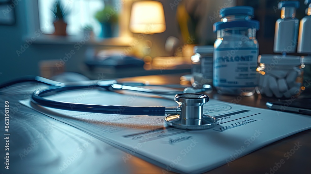 A doctor's office with a stethoscope on a piece of paper A doctor's office with a stethoscope on a piece of paper