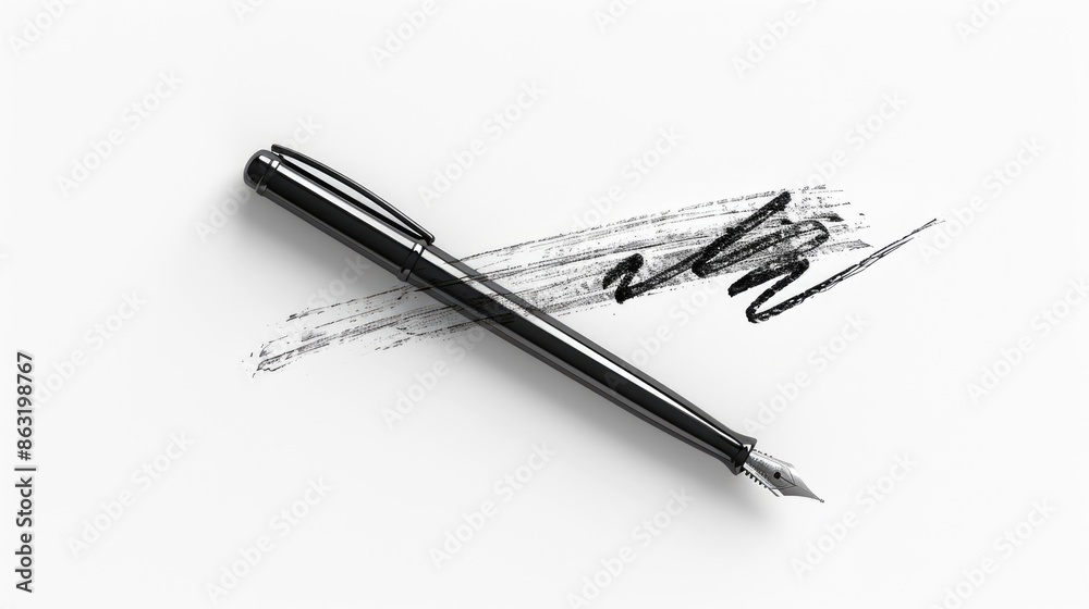 A close-up of a pen and some ink on a white surface, ready for writing A close-up of a pen and some ink on a white surface, ready for writing