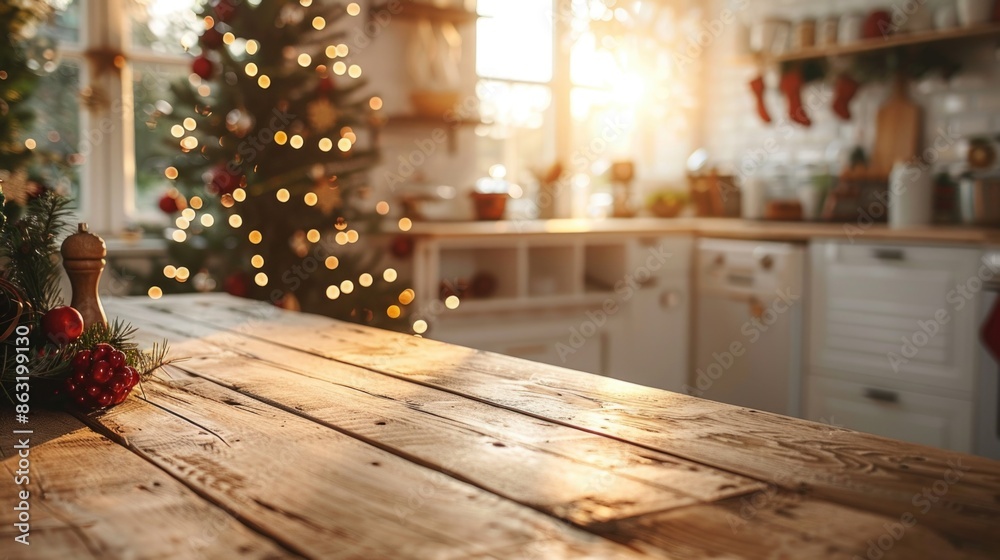 Rustic Festive Kitchen Decor with Christmas Tree and Warm Sunlight Rustic Festive Kitchen Decor with Christmas Tree and Warm Sunlight