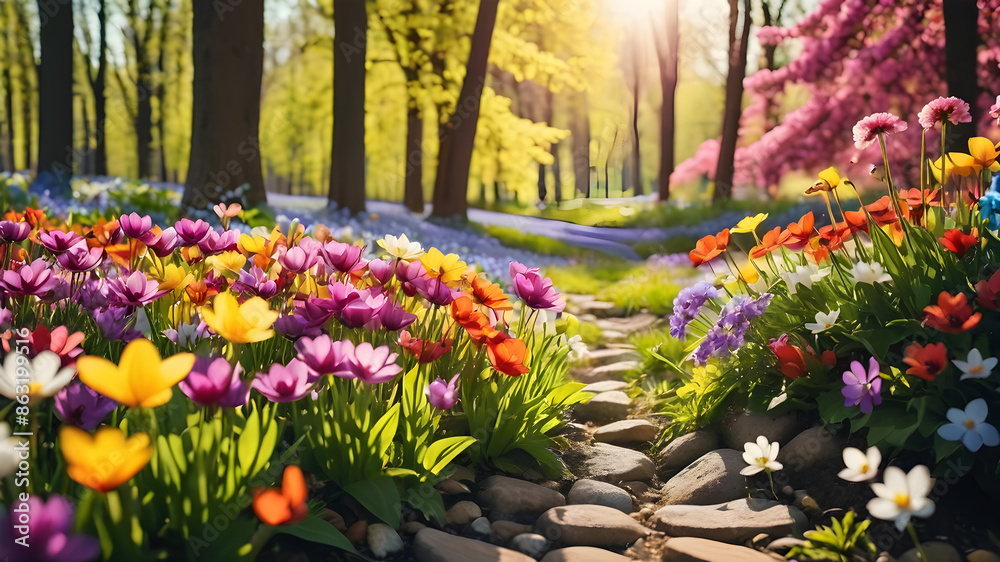 Obraz premium Panoramic landscape with multicolor spring flowers. Nature background.