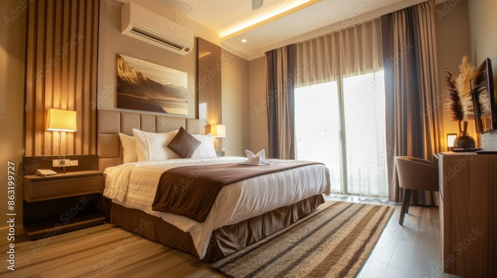 Modern Hotel Room with Air Conditioner, Cozy Bed, and Stylish Furnishings for Comfortable Stay