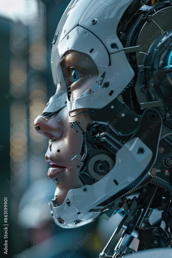 A detailed view of a person wearing a robot head, great for sci-fi or futuristic themed designs A detailed view of a person wearing a robot head, great for sci-fi or futuristic themed designs