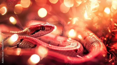 Festive Red Snake Wrapped in Christmas Lights with Sparkling Bokeh Background photo