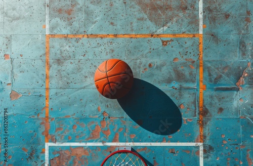 A Basketball Resting on a Blue Outdoor Court