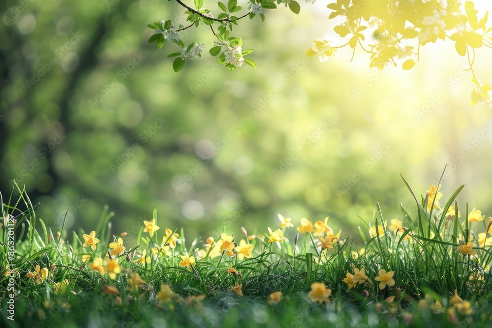 Sunlit Spring Meadow with Blooming Flowers and Vibrant Green Grass Sunlit Spring Meadow with Blooming Flowers and Vibrant Green Grass