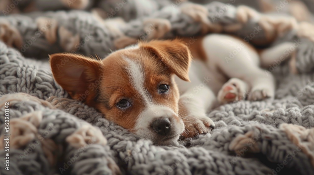 Adorable Puppy Snuggled in Cozy Knit Blanket - Heartwarming Pet