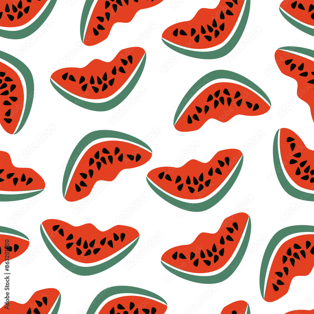 Seamless pattern ripe watermelon slices with seeds on white background - vector flat illustration for textiles, wallpapers, web design, packaging. Seamless pattern ripe watermelon slices with seeds on white background - vector flat illustration for textiles, wallpapers, web design, packaging.