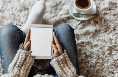 Woman Using Tablet, Sitting on Fluffy Rug With a Cup of Coffee