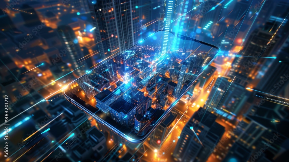 Futuristic Smartphone Design Banner with Glowing Effects and Cityscape Background for Tech Launch Futuristic Smartphone Design Banner with Glowing Effects and Cityscape Background for Tech Launch