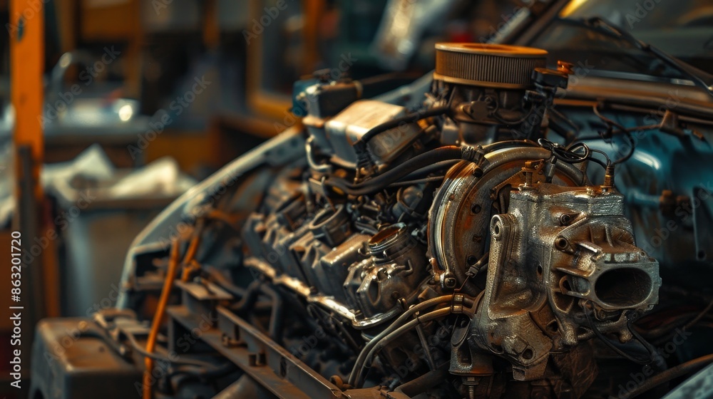 Close-Up of Car Engine in Workshop. Industrial motor automotive Close-Up of Car Engine in Workshop. Industrial motor automotive