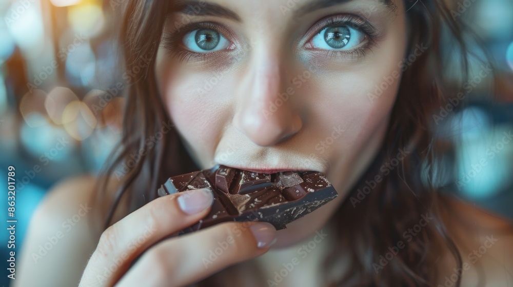 A close-up view of someone enjoying a piece of chocolate