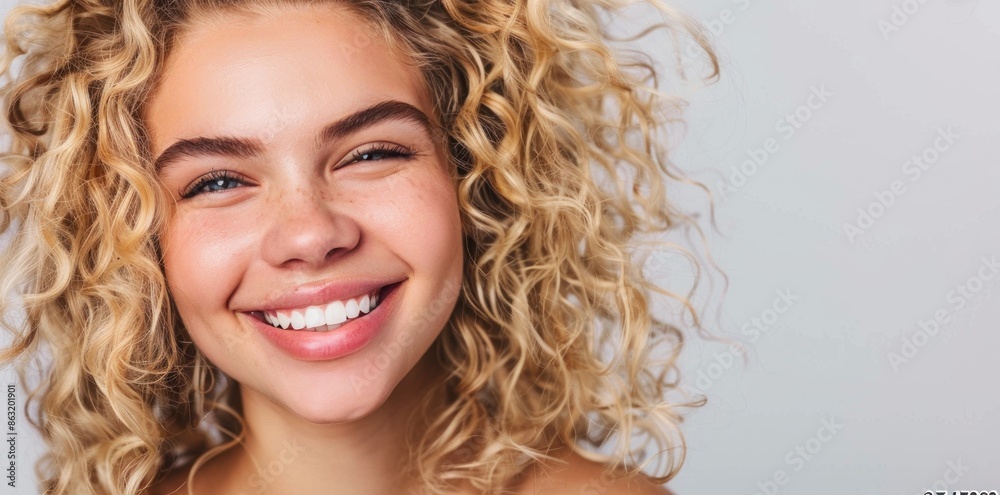 A woman with curly hair is smiling and has her mouth open. She has a bright, happy expression on her face A woman with curly hair is smiling and has her mouth open. She has a bright, happy expression on her face