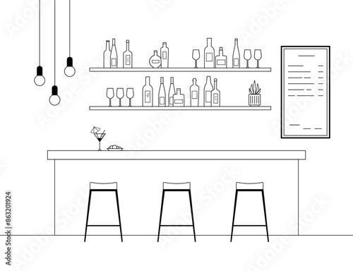 Bar interior design with bar counter, chairs and bottles. Line drawing.