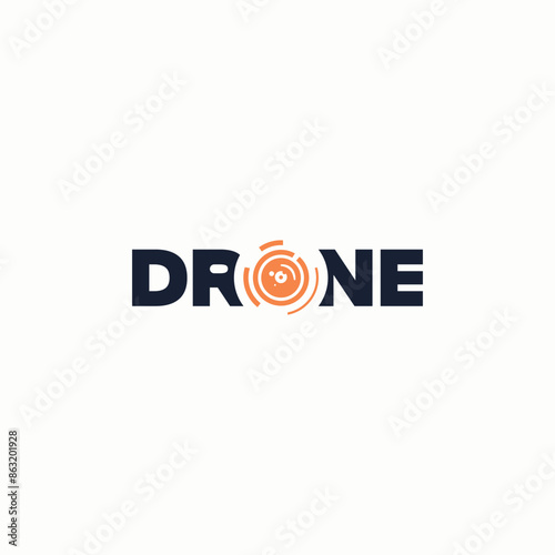 drone text with letter O as drone camera lens, flat logo design template