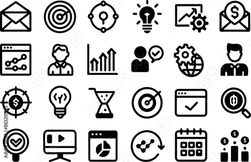 Marketing concept editable stroke outline icons set isolated on white background flat vector illustration