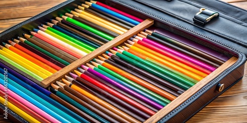 Vibrant multicolored pencils organized in wooden office drawer, alongside black case and portable pouch, showcasing playful yet functional school and office supply essentials. photo