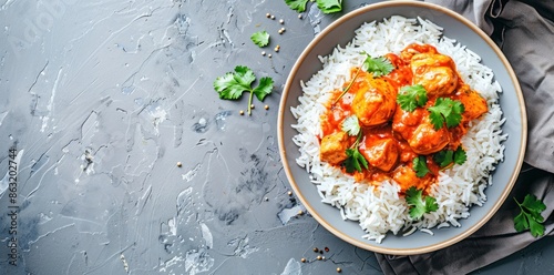 A bowl of rice with meat and vegetables. The bowl of chicken tikka masala with rice