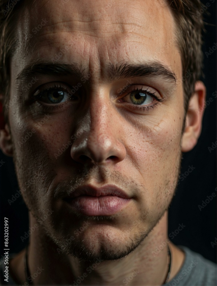 Obraz premium A man with a serious expression looking at the camera. AI.