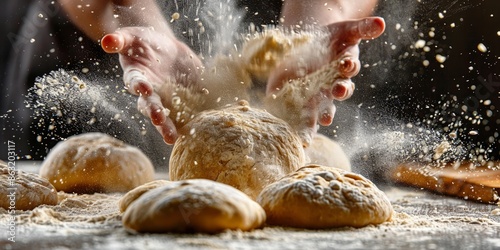 Hands Kneading Dough Amidst Flour Bursts in Cozy Bakery Setting photo