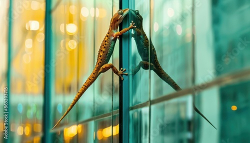 A lizard is climbing on a glass window with reflections. AI. photo