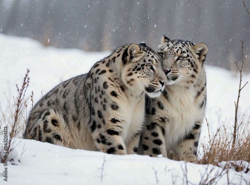 Two snow leopards are cuddling in the snowy woods. AI. Two snow leopards are cuddling in the snowy woods. AI.