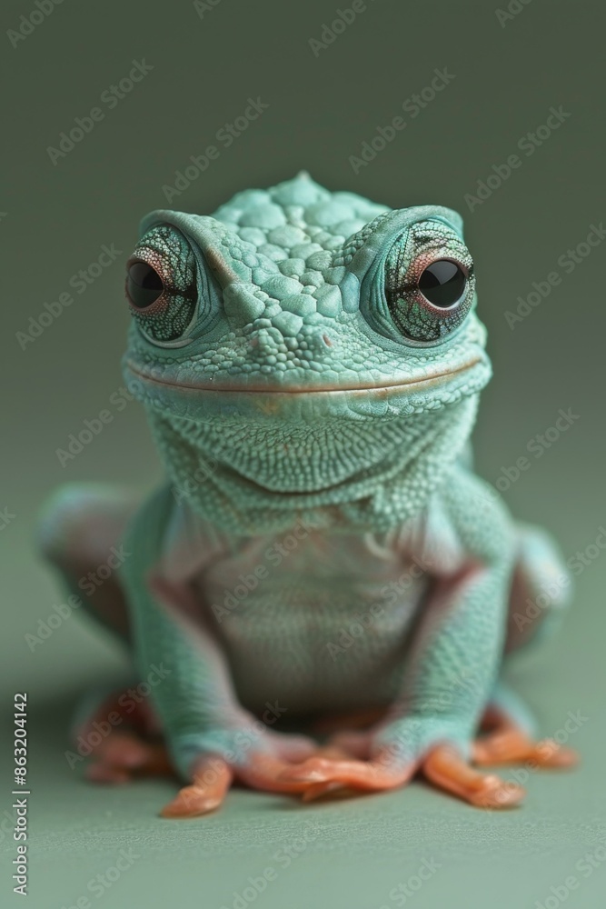 Obraz premium A close up of a green frog sitting on the ground. AI.