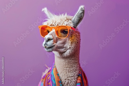 A llama wearing sunglasses and a scarf with colorful pattern. AI. © serg3d