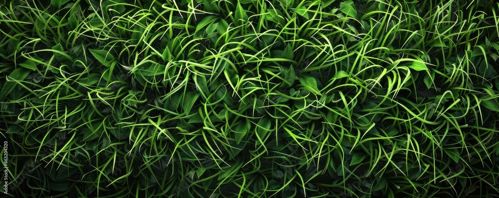 A close up of a green lawn with many blades of grass. The grass is lush and green, and the image has a calming and peaceful mood. Free copy space for text.