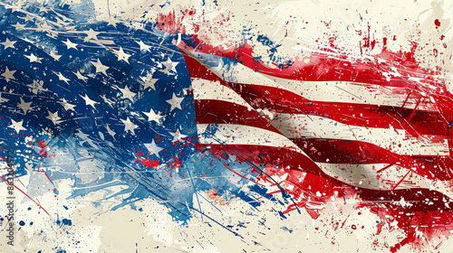 A splattered American flag with stars. The splatters are red, white, and blue. The flag is waving in the wind