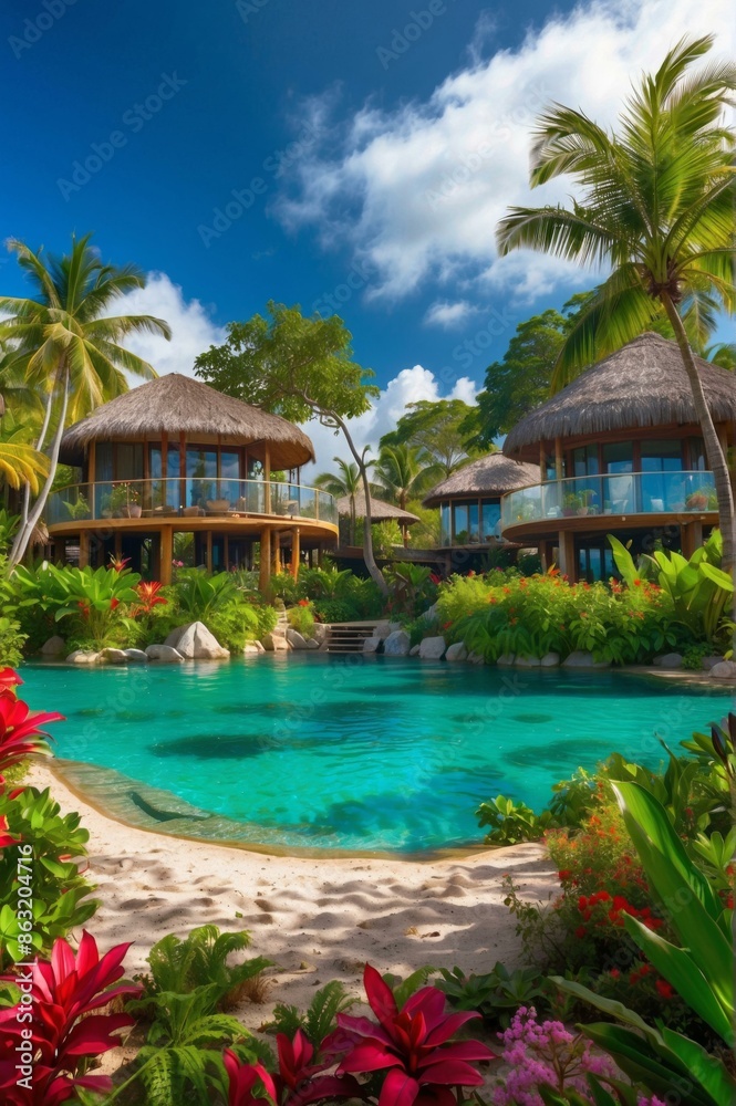Fototapeta premium A tropical resort with a pool surrounded by lush vegetation. AI.