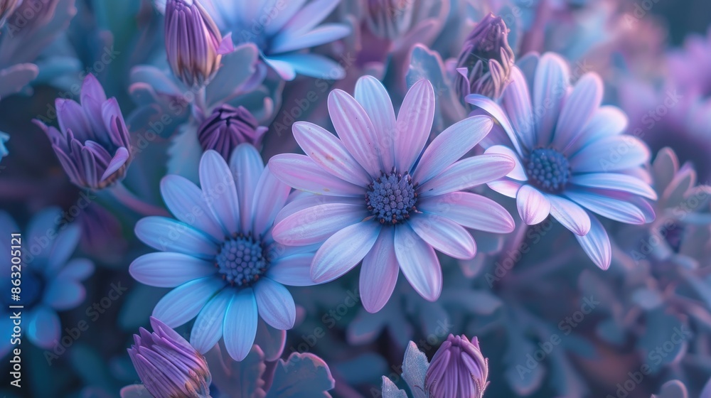 Several flowers with elongated form in shades of purple and blue set against a nature inspired floral backdrop outdoors Several flowers with elongated form in shades of purple and blue set against a nature inspired floral backdrop outdoors