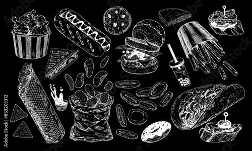Set of fast food. Drawn on chalkboard burger, tacos, french fries, hot dog, chicken nuggets, sandwich, chips, onion rings, tapas. Sketch style collection of street food isolated in black background