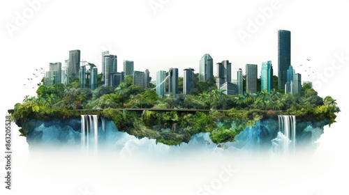 Fototapeta Naklejka Na Ścianę i Meble -  Modern city skyscrapers floating above waterfalls on land, isolated 3d illustration