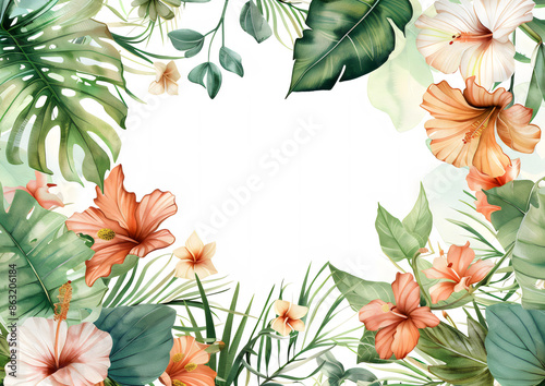 Frame with tropical leaves and flowers isolated on white background. Flat lay template with green plants monstera, hibiscus, plumeria in watercolor style. Botanical illustration for wedding invitation © Irina