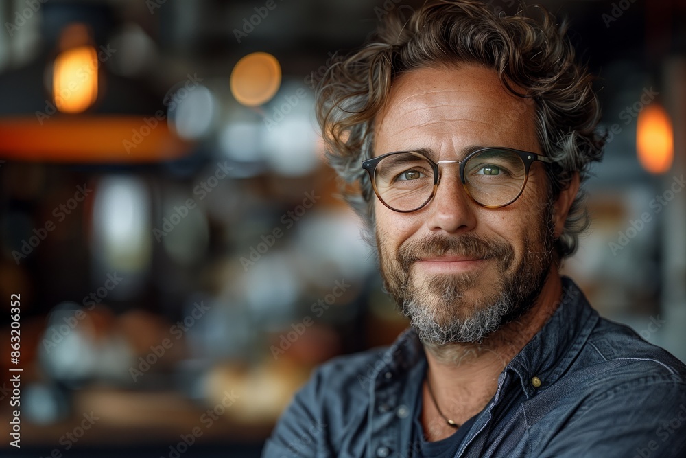 Smiling Man With Glasses in a Cafe Setting Smiling Man With Glasses in a Cafe Setting