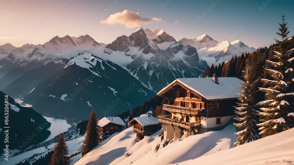 Fototapeta premium Idyllic winter mountain landscape in the Alps at sunset. Panoramic view of beautiful winter mountain landscape with snowcapped mountain cabin in the Alps in golden evening light at sunset.