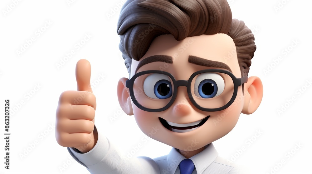 3d cartoon hipster man smiling, showing thumbs up on white background, happy and cheerful expression 3d cartoon hipster man smiling, showing thumbs up on white background, happy and cheerful expression
