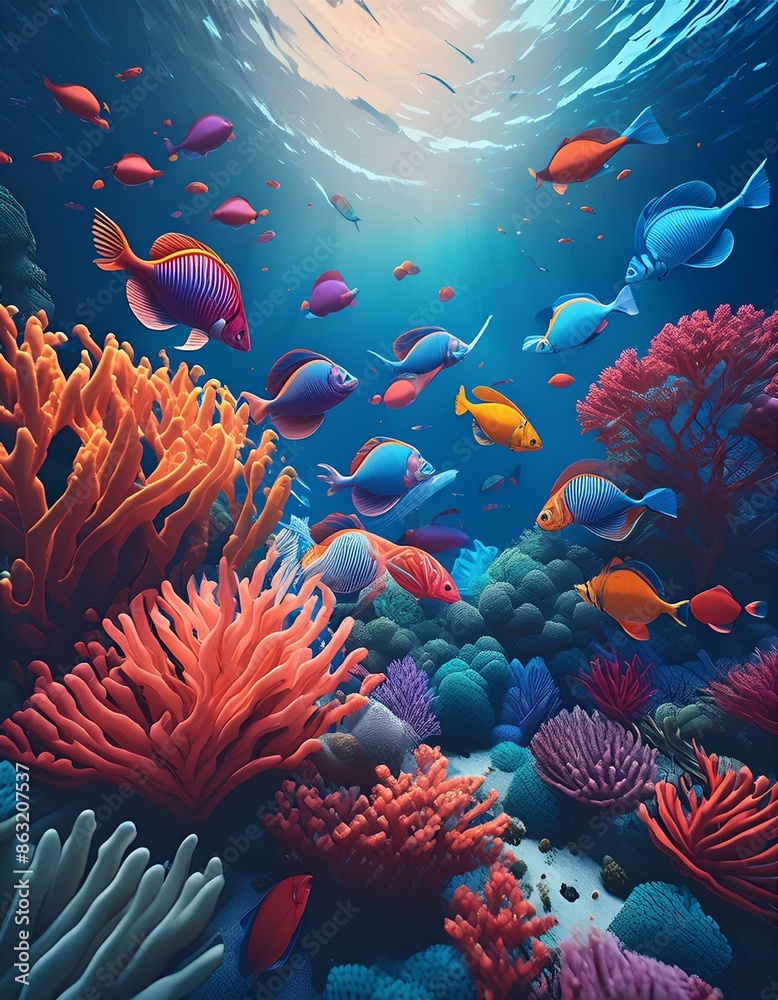 Fototapeta premium A vibrant coral reef scene, teeming with colorful fish and intricate coral formations, with the clarity and detail of the underwater world captured in stunning 8K resolution.