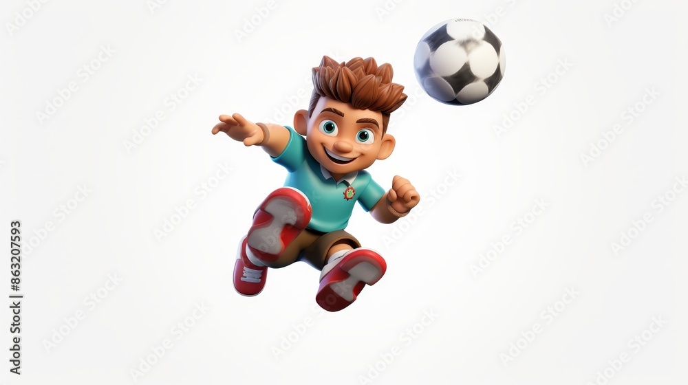 Fototapeta premium 3d cartoon character young man playing soccer in full body action, isolated on white background