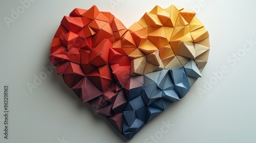 An abstract, rainbow-colored 3D heart on a white background.
