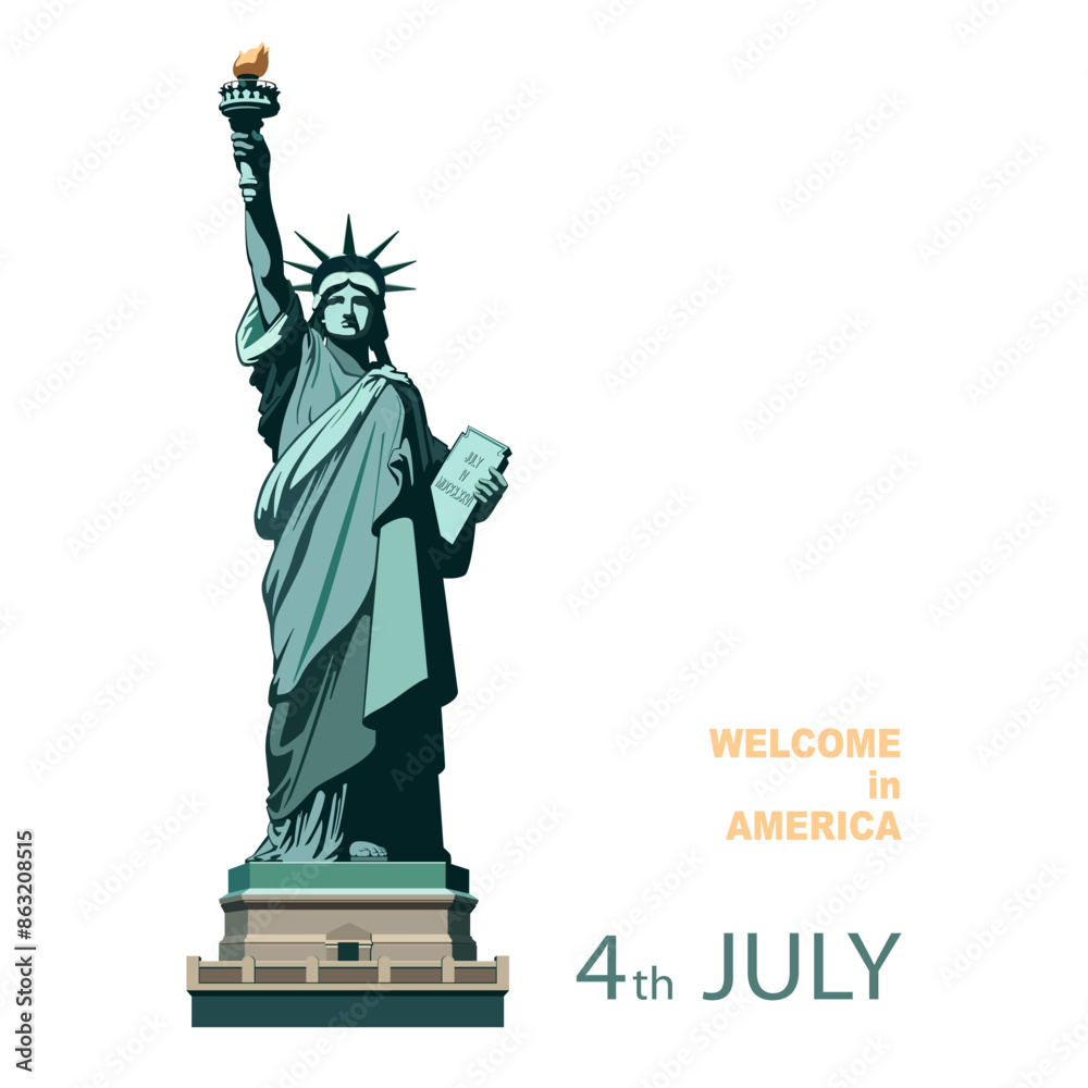 Fototapeta premium Vector illustration. July 4, USA Independence Day, Statue of Liberty monument, poster presentation. Green flat design template. Holiday, welcome to America USA. New York symbol, banner, advertisement