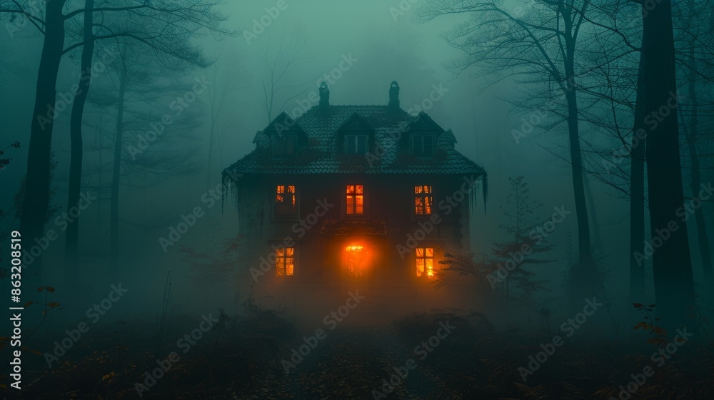 Featuring fog swirling around, dimly-lit windows, and spiderwebs hanging from the eaves, this haunted house makes the perfect Halloween setting Featuring fog swirling around, dimly-lit windows, and spiderwebs hanging from the eaves, this haunted house makes the perfect Halloween setting
