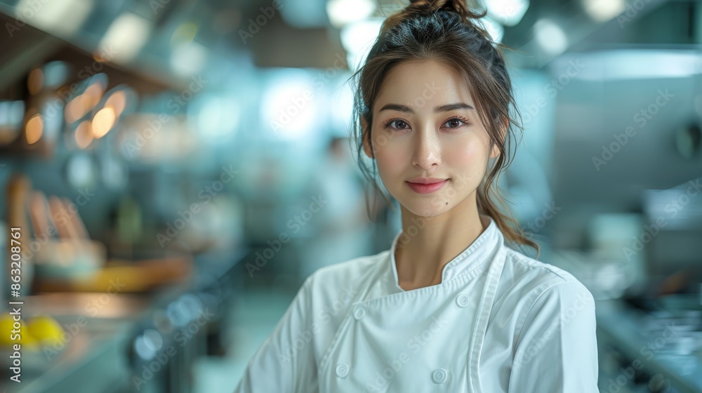 In a commercial kitchen, an Asian chef stands with her hands on her hips. In a commercial kitchen, an Asian chef stands with her hands on her hips.