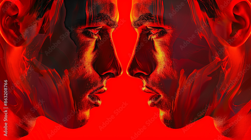 Vivid Emotions: Bright Red Male Faces Showing Joy and Sorrow Vivid Emotions: Bright Red Male Faces Showing Joy and Sorrow