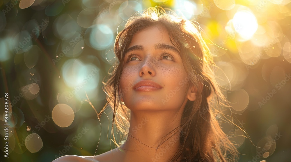 Fototapeta premium Featured is a beautiful woman enjoying the outdoors, with copy space on the side