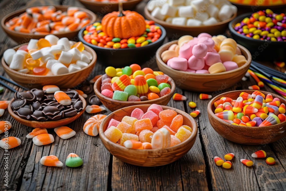 A variety of Halloween candy and treats, presented in festive bowls and baskets, capturing the holiday's excitement and variety A variety of Halloween candy and treats, presented in festive bowls and baskets, capturing the holiday's excitement and variety
