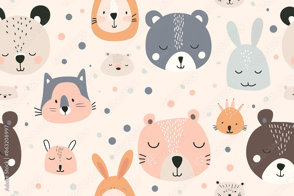 Fototapeta premium A seamless pattern featuring cute animal faces on a light pink background. The tile design includes bears, rabbits, and other animals, ideal for children’s products and nursery decor.