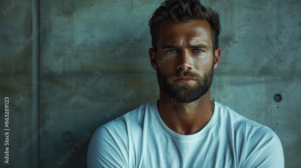 A handsome man stands against a concrete background wearing an oversized white tee shirt A handsome man stands against a concrete background wearing an oversized white tee shirt
