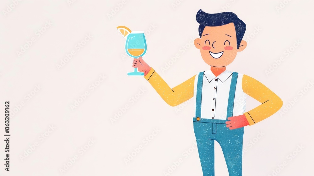 Smiling Cartoon Man Enjoying a Drink with Orange Wedge Garnish in Hand Smiling Cartoon Man Enjoying a Drink with Orange Wedge Garnish in Hand